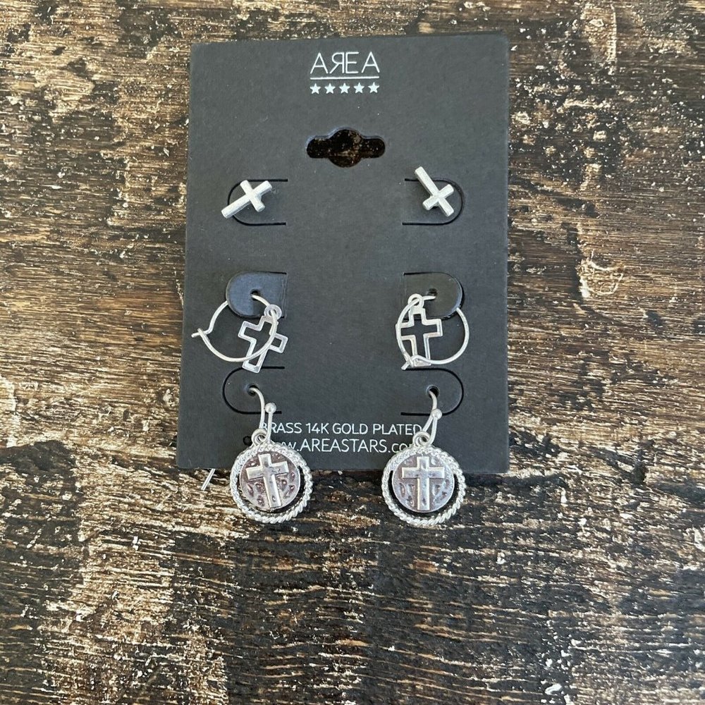 Area Stars Silver Plated Earrings 3 Pairs Cross Rhinestone Stud Dangle , NEW
